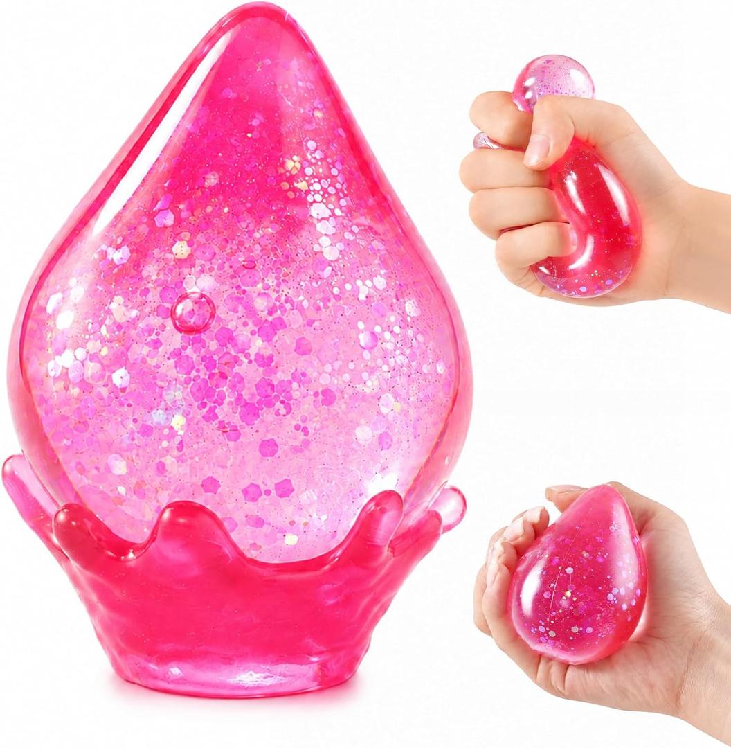 2 x Dream Glitter Drop Squishy, Sugar Droplet Squishy Stress Ball, Water Drop Fidget Toy, Raindrop Squishy Sensory for Anxiety Relief, Slow Rising Squeeze Toy Gift for Birthday (Glitter Red), 2.4 inches