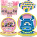 168PCS Cartoon Teacher Party Supplies for Girls Boys Kids Happy Birthday Party Decorations Dinnerware Set Paper Plates Napkin Cups Forks Knives Straw Tableware for 24 Guests