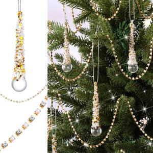 Soulchen 9pcs Crystal Icicle Christmas Tree Ornaments Crystal Gold Tree Garland Set 4 Inch Clear Raindrop Hanging Pendants 33 ft Gold Pearl Garland String for Christmas Wedding Party Decoration