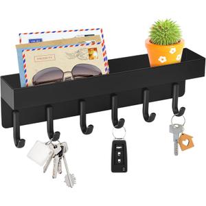 VIS'V Key Holder Wall Mount, Compact Adhesive Key Rack with Tray, 6 Hooks, 2 Mount Options, Black