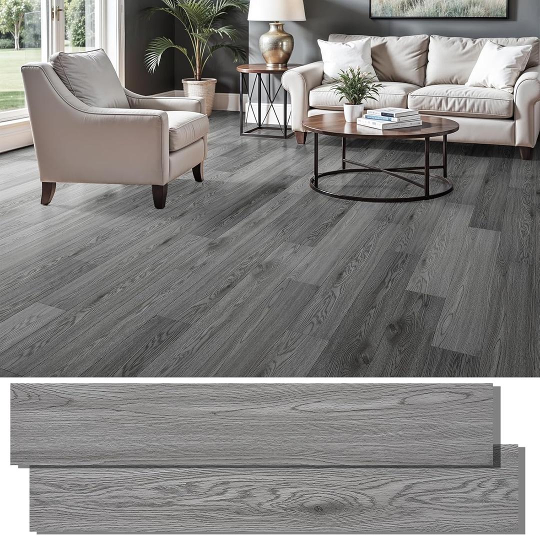 Peel and Stick Floor Tile, INMOZATA Self Adhesive Vinyl Plank Flooring Wood Grain Look 36-Pack 54 Sq.Ft Grey Waterproof Tile Sticker for Bedroom, Living Room, Kitchen, RV(Slategray)