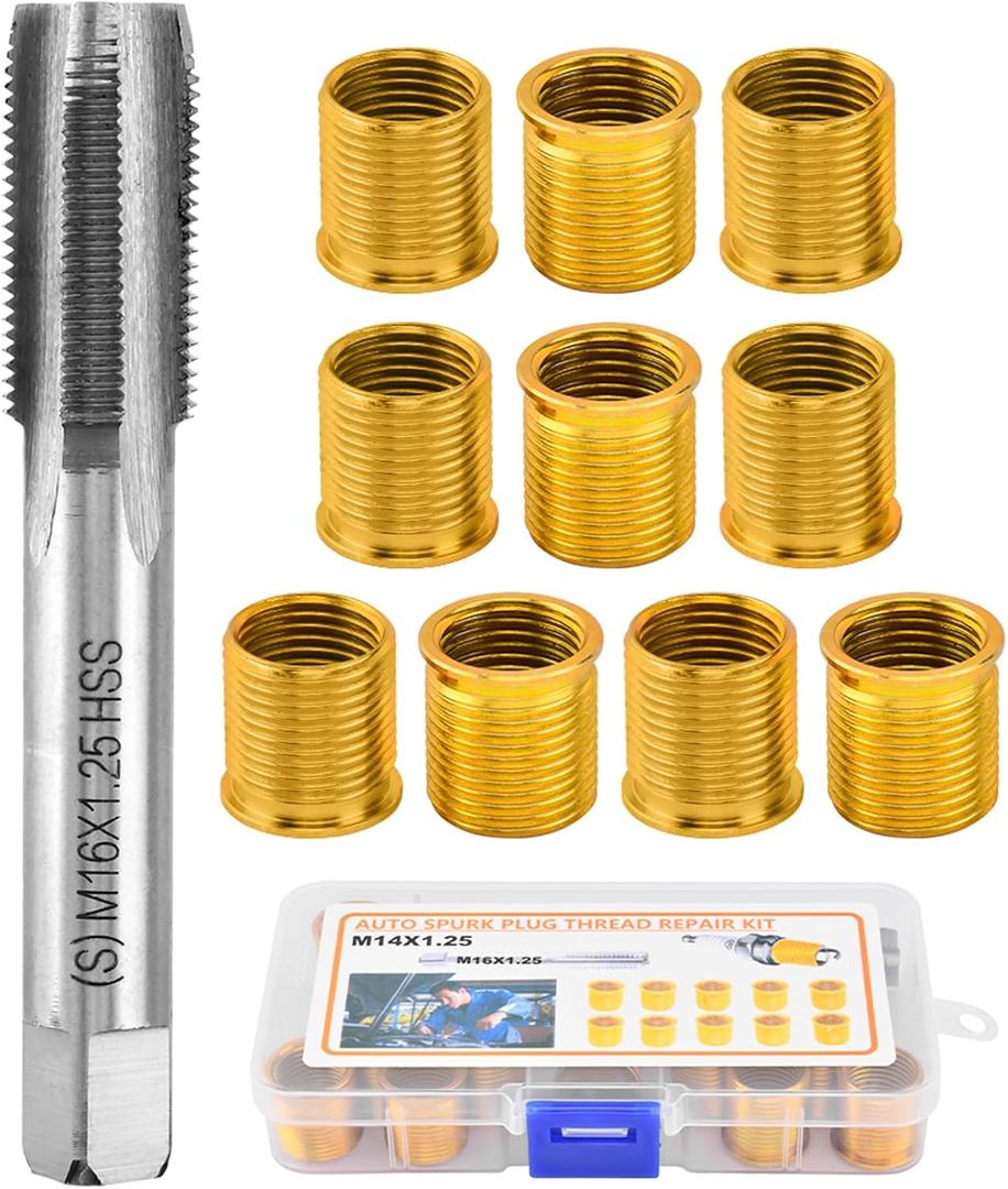 NINEFOX Spark Plug Thread Repair Kit M14x1.25, 11 PCS Insert and Tap Set, 10 Inserts + 1 Tap, for Cylinder Head Rethreading, Cars Trucks Generators