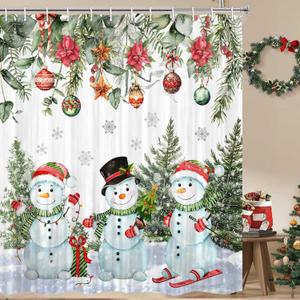 JAWO Winter Snowman Shower Curtain Winter Snow Scene Xmas Shower Curtain Christmas Holiday Shower Curtains Bathtub Decor with 12 Hooks 72 X 72 Inches