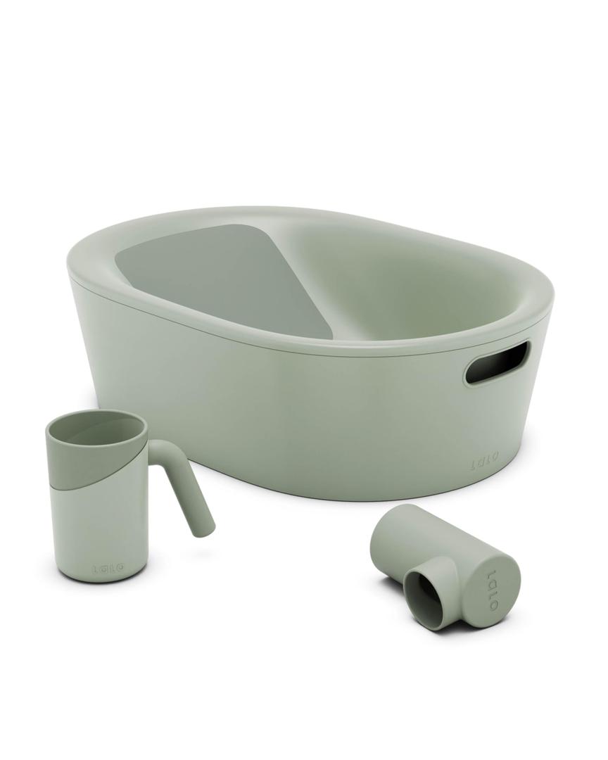 Lalo Bathtime Starter Kit - Modern Baby Bathtub, Rinse Cup & Spout Cover Bundle, Safe & Clean Design for Newborns, Minimalist Design, Easy to Clean, 25.3 x 18 x 7.7 in, 10 lb - Light Green