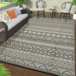 GAOMON Outdoor Rug Waterproof 8'x10', Reversible Outdoor Plastic Straw Rug, Boho Patio Rug, Indoor Outdoor Carpet, RV Mat Outside for Patio, Camp, Picnic, Balcony, Deck, Black/Coffee (Bohemia)