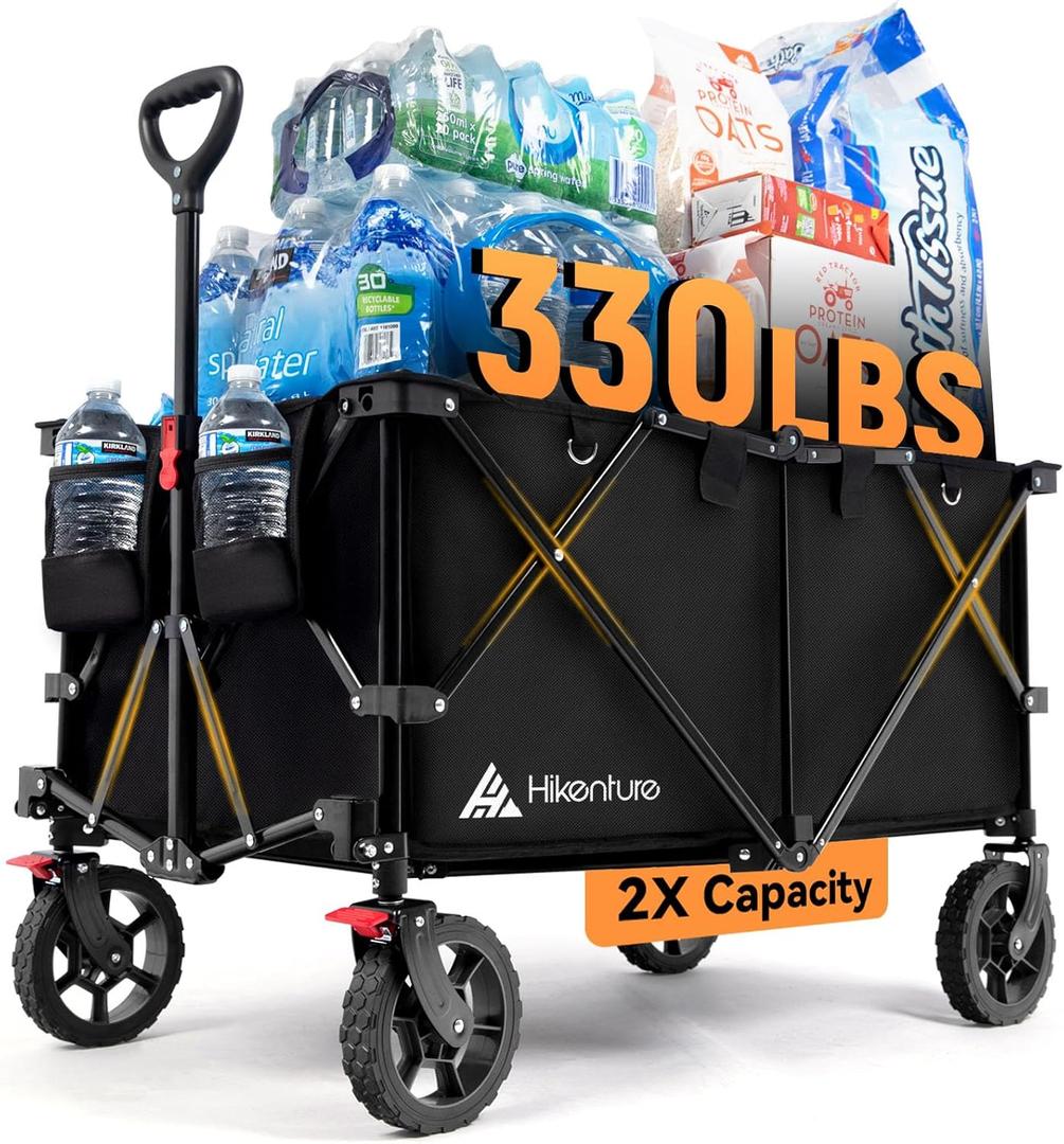 Hikenture Folding Wagon Cart, Portable Large Capacity Beach Wagon, Heavy Duty Utility Collapsible Wagon with All-Terrain Wheels, Outdoor Garden Cart Foldable Wagon for Sports, Shopping, Camping(Black)