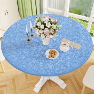 Smiry Round Picnic Tablecloth, Elastic Waterproof Fitted Heavy Duty Vinyl Tablecloths for 36"-44" Tables, Wipeable Washable Table Cover for Kitchen, Dining, Camping, Outdoor, Baby Blue