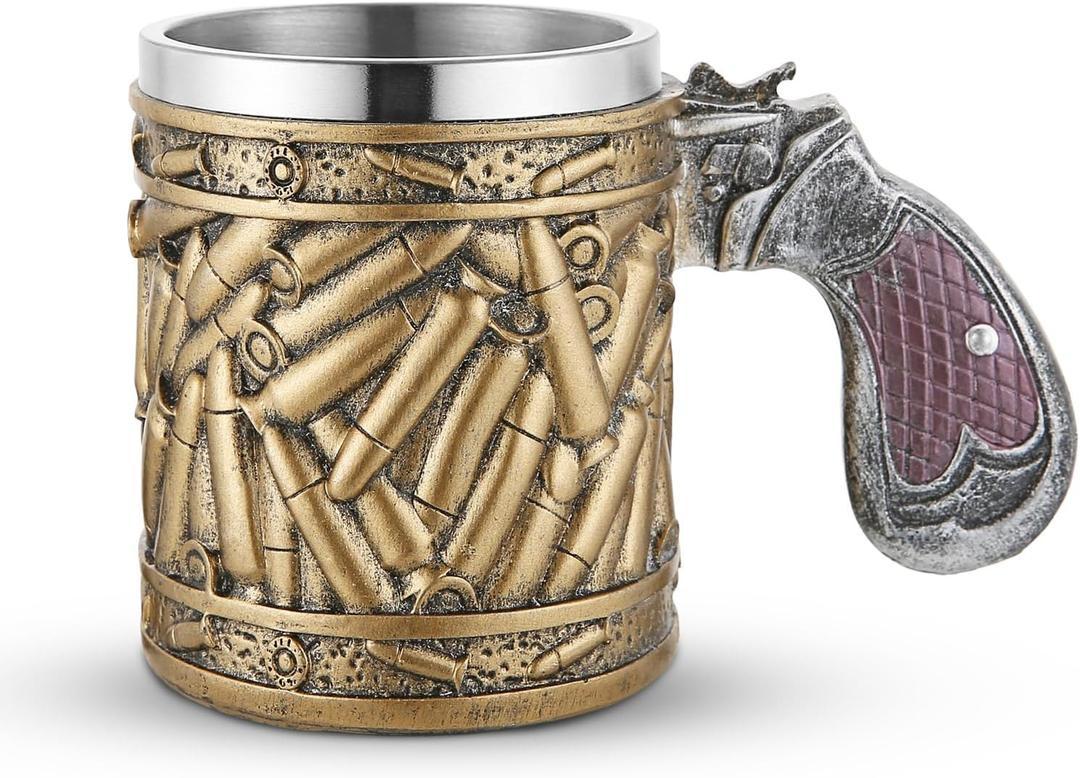 Revolver Handle Bullet Shell Texture Beer Glass For Men Women Stainless Steel Resin Western Military Style Mug Holiday Decoration And Gifts