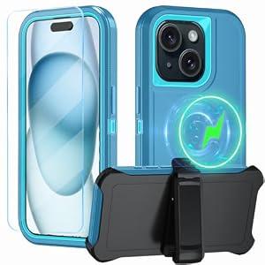 CONWOE Magnetic for iPhone 15 Plus Case,with Belt Clip,[Compatible with Magsafe] W/Tempered Glass Screen Protector,Anti-Drop,Shockproof,Heavy Duty Protection (Lake Blue)