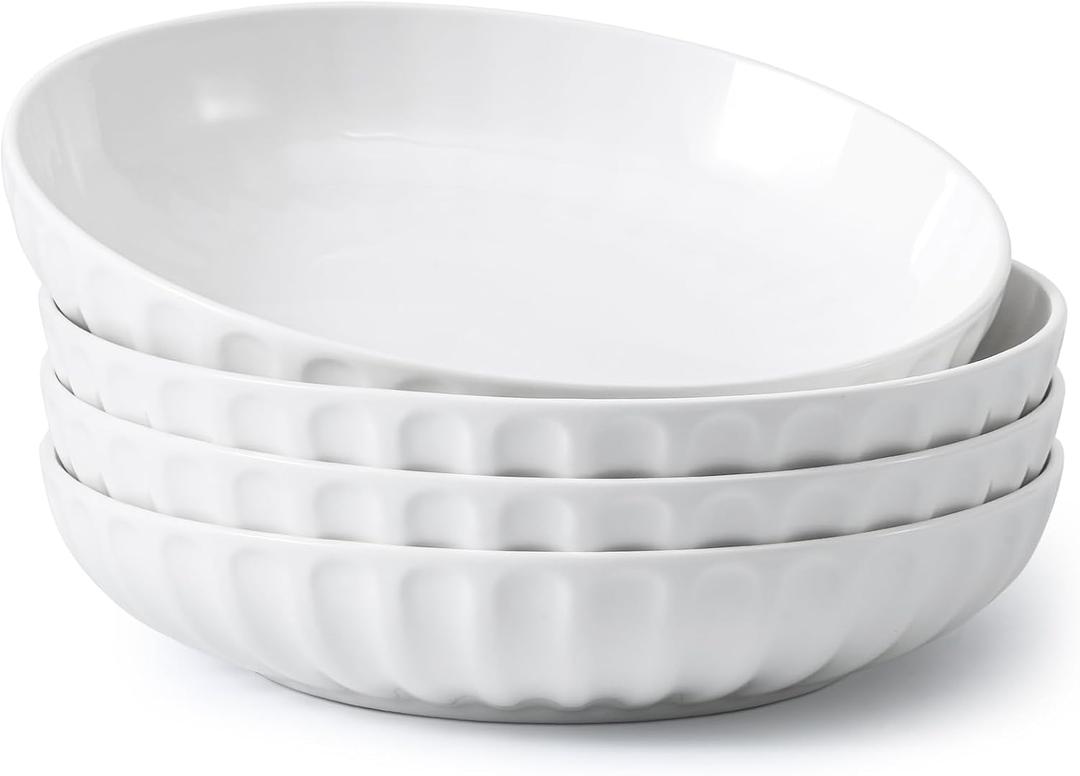 DOWAN Pasta Bowls, 10" Large Salad Serving Bowls 51 OZ White Ceramic Soup Bowls Set of 4 Wide and Shallow Plate Bowl Serving Dish for Soup, Pasta, Noodle, Dinner, Microwave & Dishwasher Safe