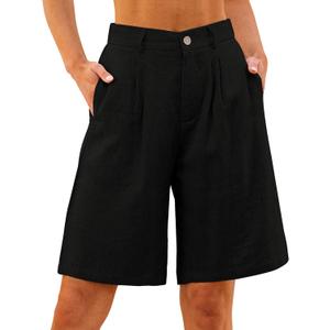 Luvamia Bermuda Shorts for Women High Waisted Linen Dressy Casual Pleated Wide Leg Summer Shorts with Elastic Waist (Black, XL)