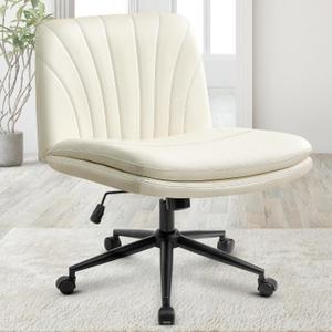 Orange Factory Criss Cross Chair with Wheels Comfy Wide Vanity Desk Chair Dual Base Leather Armless Adjustable Swivel for Home Computer Task (Beige) (Dual Cushion (31.5"- 34"))