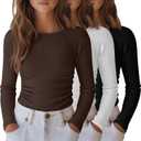 3 Pack Girls Long Sleeve Shirts Ribbed Knit Draw Pleats Tops Slim Fit Crew Neck Cotton Undershirts Cute Sizes 5-14 (11-12 Years, Black, White, Brown)