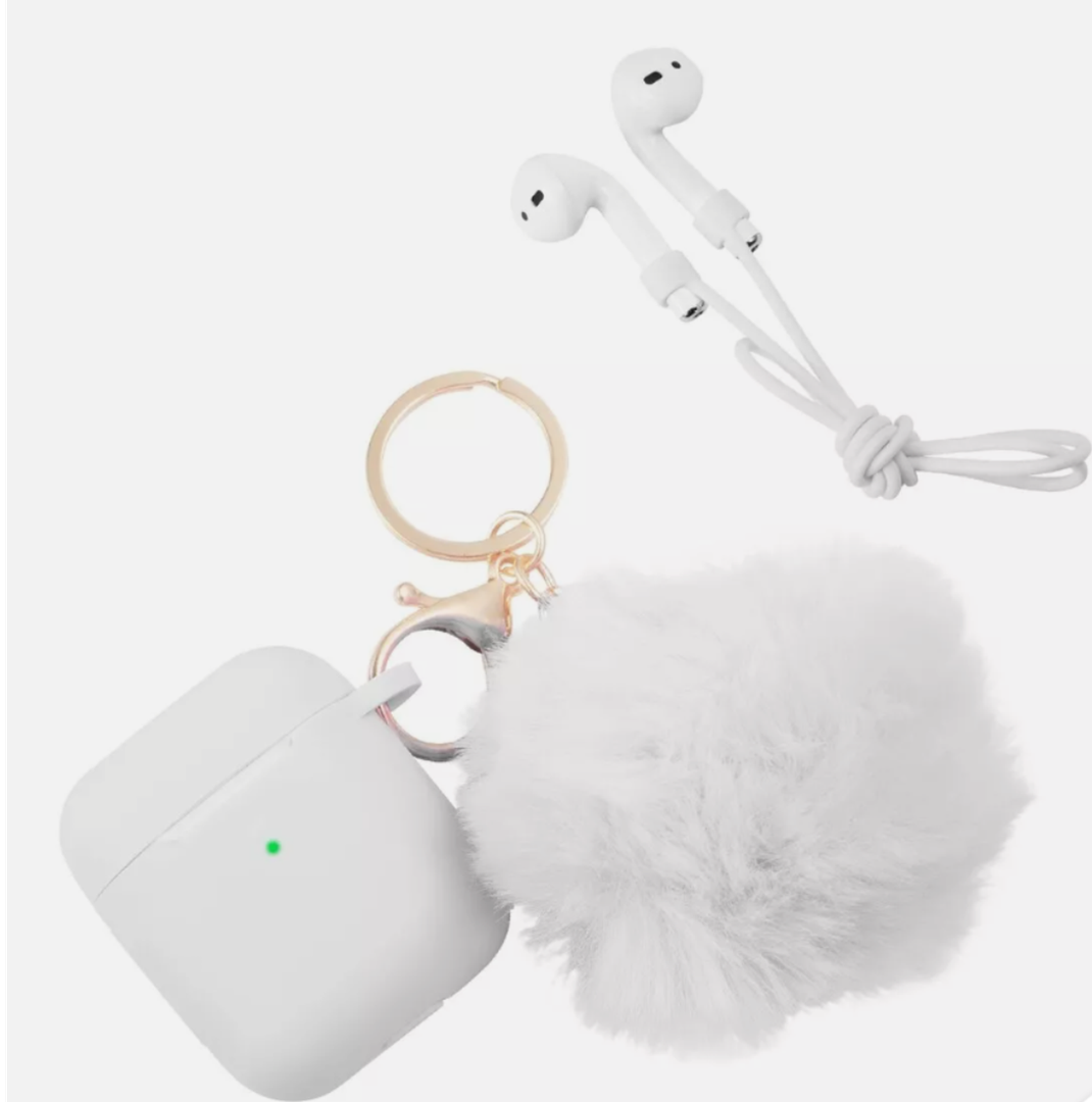 Fluffy Pom Pom Silicone Soft Touch Skin Case Cover For Airpods 1 / 2, White
