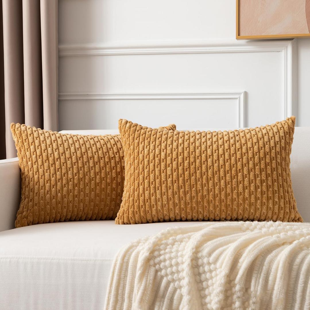 Kevin Textile Decorative Pillow Covers Set of 2 Striped Plush Corduroy Rectangle Lumbars Boho Home Decor Cushion Covers for Couch Sofa Bed Living Room 12x20 Inch, Gol