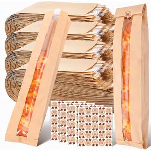 MAQUITA 100 Pack Paper Bread Bag with Window, Long French Bread Bag with 100 pcs sticker, Brown Baguette Bags, Loaf Storage Packing Sacks Biscuits Packaging for Homemade, Bakery, Coffee Bar