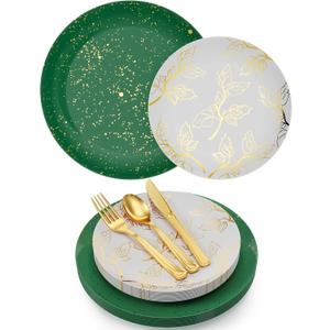 Trendables Christmas Plates Disposable 100 Pcs Christmas Dinnerware Set, Christmas Plastic Plates Set Includes: 20 10" Dinner Plates, 20 8" Dessert Plates & 20 Of Each Gold Forks, Knives & Spoons (100 Pack With Cutlery)