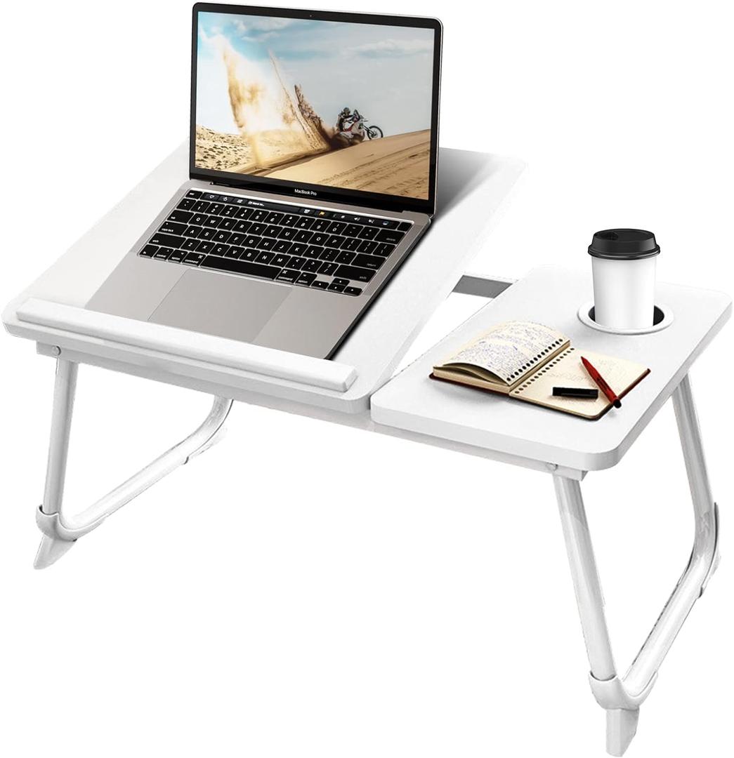 CloudTrip Laptop Desk for Bed or Couch, Lap Desk, Woking in Bed Desk, Home Office Desks, Breakfast Tray, Desk with Cup Holder, Watching Movies in Bed, Laptop Stand for Bed, Fordable Legs Desk (White), 13"D x 22"W x 9.85"H