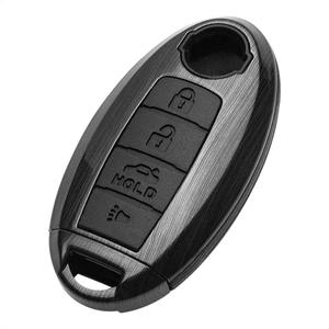 TANGSEN Key Fob Case Black Cover Compatible with Infiniti EX FX X G JX M Q Series Altima Coupe Armada GTR Maxima Murano Cross CABRIOLET Pathfinder Rogue SENTRA Versa 4 Button Keyless Entry Remote (Black Silicone & Gray Brushed Pattern ABS)
