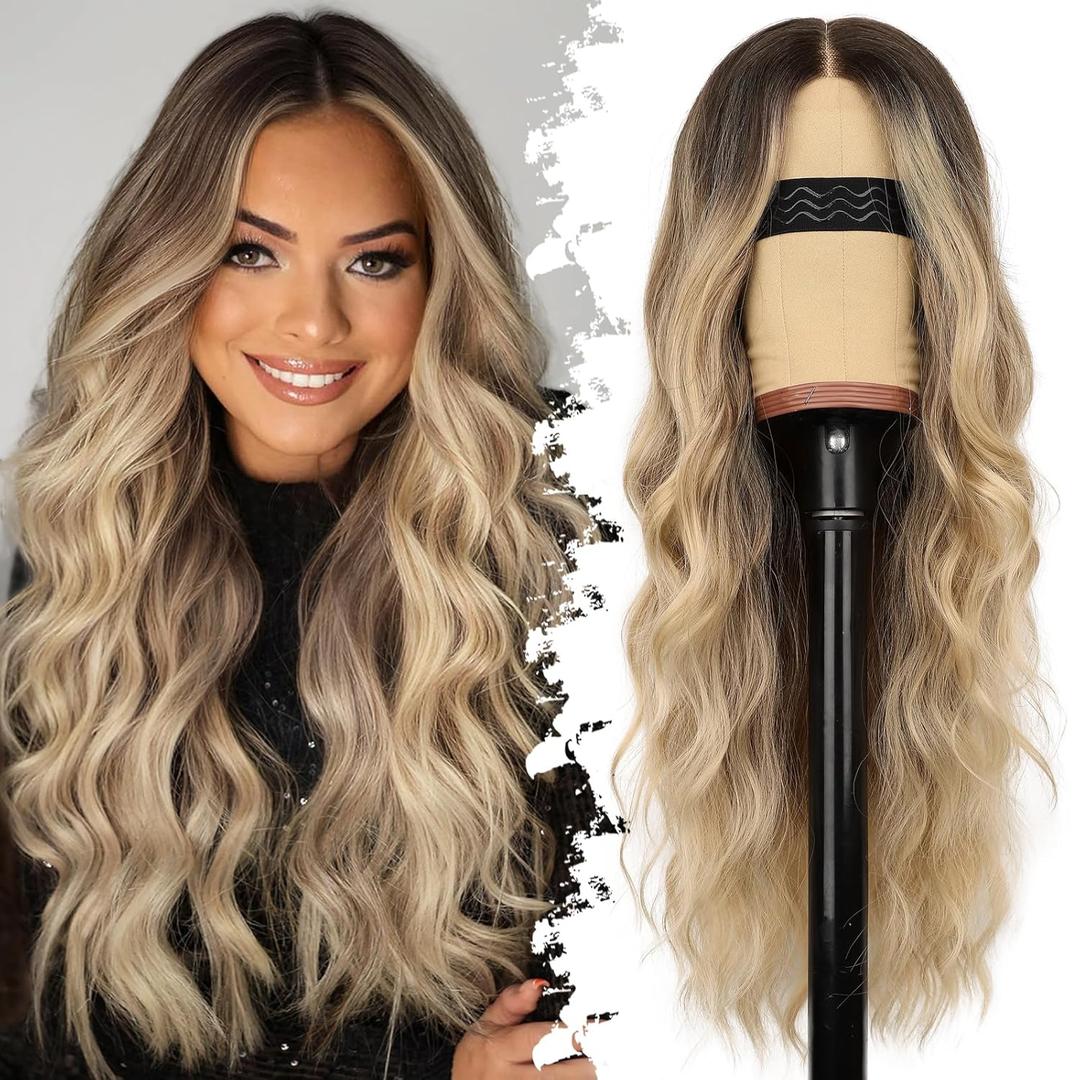 Ombre Blonde Wig for Women Long Wavy 4x1 Lace Natural Hairline Glueless for Beginners Middle Part Synthetic for Daily Party Use 26Inch
