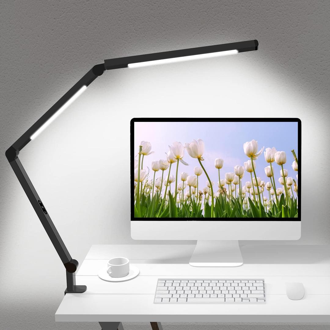 LED Desk Lamp with Clamp, Architect Desk Lamp with Dual Light and Adjustable Swing Arm, Clip-on Eye-Care 4 CCT Modes & 5 Brightness Levels Table Light Modern Computer Lighting for Home Office (Black,Touch)
