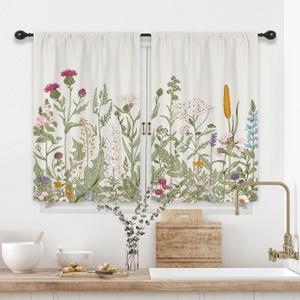 Riyidecor Light Green Leave Plant Small Short Kitchen Curtains Floral Botanical Wildflower Flower Floral Rod Pocket Farmhouse Cafe Curtains Herb Vintage Cute Bedroom Living Room Treatment Fabric (26"W x 36"L (Pack of 2))