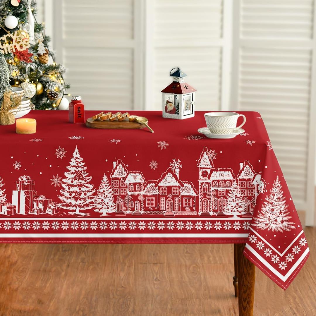 Horaldaily Christmas Tablecloth 60120 Inch Rectangular, Red Snow House Pine Trees Washable Table Cover for Party Picnic Dinner Decor