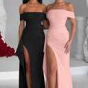 LAGSHIAN Women's Elegant Bodycon Off Shoulder Sleeveless High Split Ruched Long Formal Evening Dress (Pink, S)