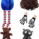 Mepase 6 Pcs Halloween Movie Women Men Cosplay Accessories Bundle Blue & Brown Wigs, Stripe Socks, Skeleton Gloves, Bear & Cat Dolls for Friends Couple Partner Stop-motion Cosplay Halloween Party
