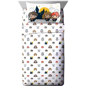 Jay Franco Kids Sheet Cartoon Set with Fitted, Flat Sheets & Pillow Cover - Ultra-Soft Bedding with Pillowcase for Room Decor, Grey - Harry Potter, 4 Piece Full