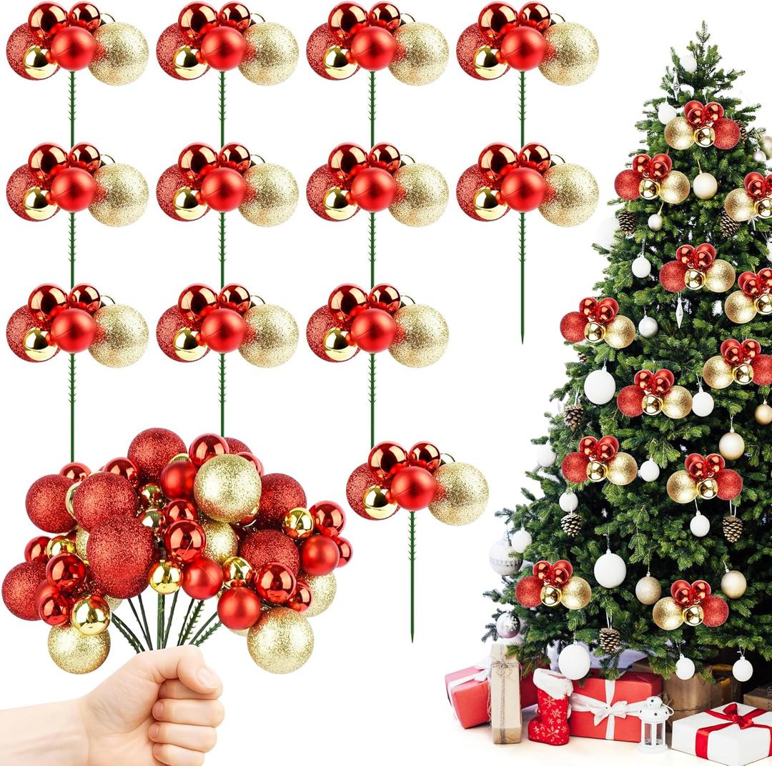 12 Pcs Christmas Tree Picks 7.9 inch Red Gold Christmas Balls Ornaments Wired Picks Shatterproof Xmas Ball Picks for Xmas Tree Topper DIY Wreath Holiday Floral Vase Fillers Crafts Home Decor