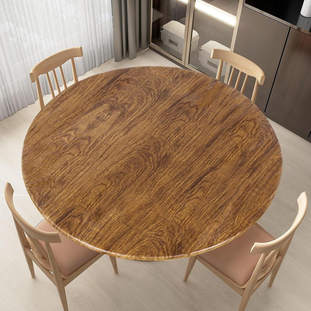 LUSHVIDA Round Waterproof Table Cover Elastic Tablecloth Vinyl Fitted Table Cover Elastic Edged Plastic Table Cloth (Pine, Best for Up to 45"-56" Round)