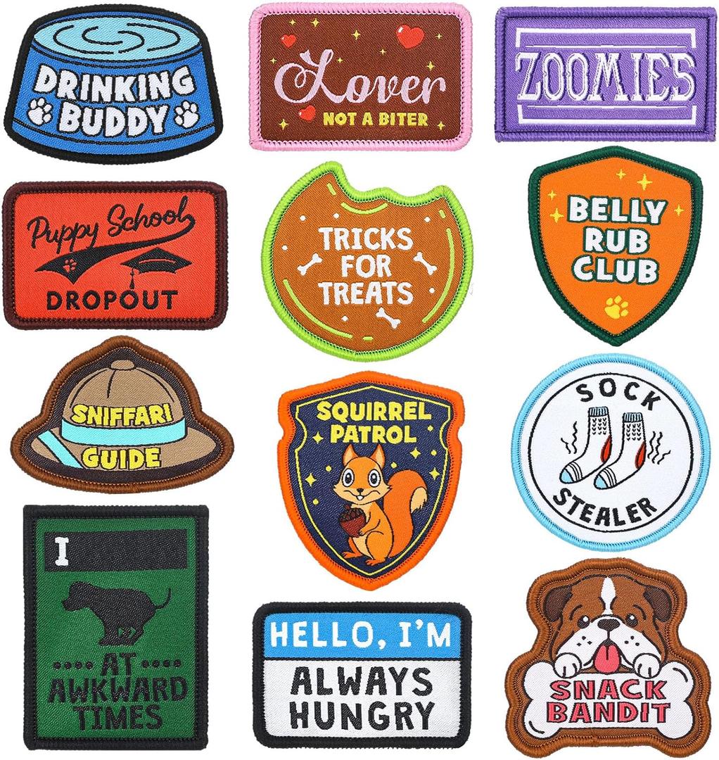 12 Pcs Funny Cute Dog Patches for Harness Removable Vest Collar Hook Patch Set Dogs Proud Puppy Dad Mom Training Security Military Tactical Novelty Accessories Gifts
