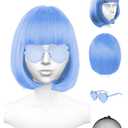 Light Blue Wig and Party Sunglasses, Cosplay Blue Wigs for Women Party Rainbow Wig with Neon Glasses Blue Wigs for Women - Bachelorette Party Wigs Decorations Favors (Ice Blue)