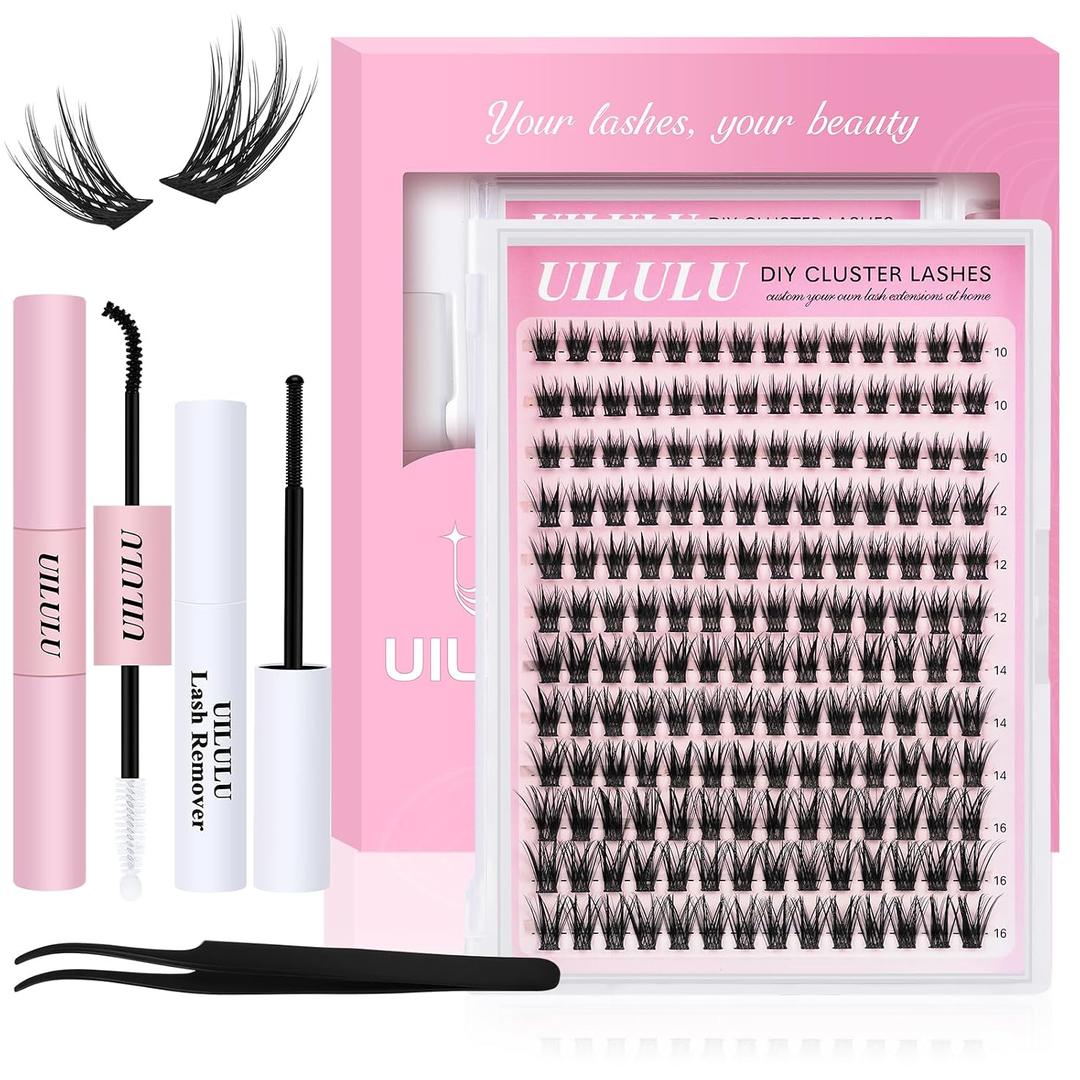 UILULU Lash Clusters Kit 168 Individual Clusters False Eyelashes, DIY Cluster Eye Lash Extensions Kit with Bond & Seal, Remover, Tweezers, Fake Eyelash D Curl-0.07-10-16MM(U24 Lash Kit)