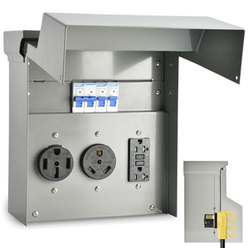 RV Electrical Panel with Breaker, Temporary Power RV Outlet Box with 20 30 50 Amp Receptacle, Weatherproof RV Electrical Power Outlet Power for Hookup Camper Travel Trailer Motorhome