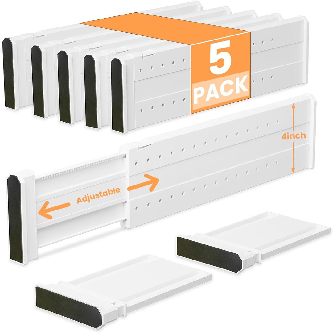 REBECAT 5 Pack Drawer Dividers for Clothes Adjustable Drawer Dividers 4" High Expandable from 15"-21" for Dresser Baby Clothes Bathroom,Bedroom Kitchen and Office StorageWhite