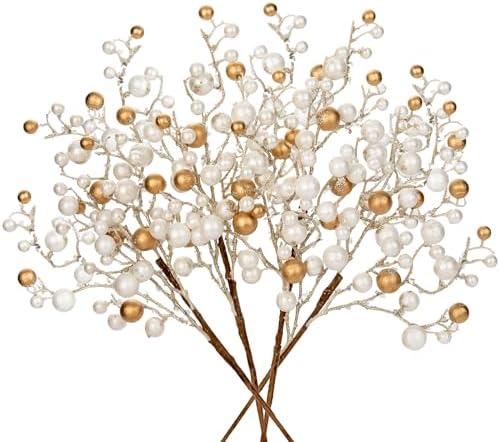 Hollyone 4 Pack Artificial Christmas Glitter Berries Stems, 19 Inch Fake White and Gold Holly Berry Picks with Ice Snow for Christmas Tree Wreath Floral Arrangements Holiday Home Vase DIY Crafts Decor