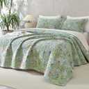Lady Ann 100% Cotton Floral Oversized Queen Quilt Set - Green Flower Bird Butterfly Pattern Print Quilted 102x118 Bedspread & Coverlet Set, 3 PCS Lightweight Extra Soft Queen Bedding Sets All Season