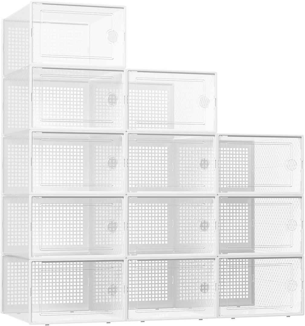 Kuject XX-Large Shoe Storage Boxes Organizers Clear Plastic Stackable 12 Pack, Shoe Rack & Holder Substitute, Sneaker Containers, Toy Storage Organizer Bins for Entryway, Closet, Under Bed, White