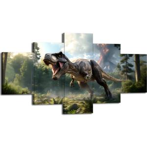 Cawpom Dinosaur Wall Art Roaring T-Rex Wall Decor Tyrannosaurus T Rex Picture Frame Dino Poster Jurassic Canvas Print Prehistoric Forest Painting Home Living Room Decoration(60x32 inches)