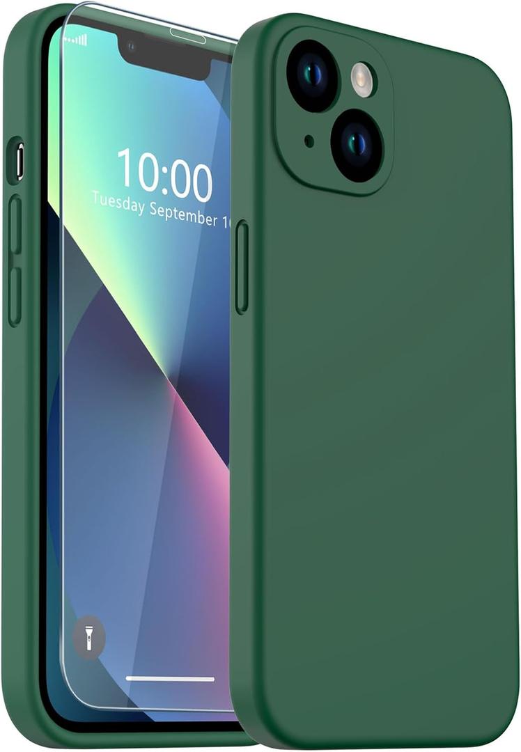 for iPhone 13 Case, Liquid Silicone Case with [Screen Protector] [Full Camera Protection], Soft Microfiber Lining Phone Case 6.1 inch (Dark Green)