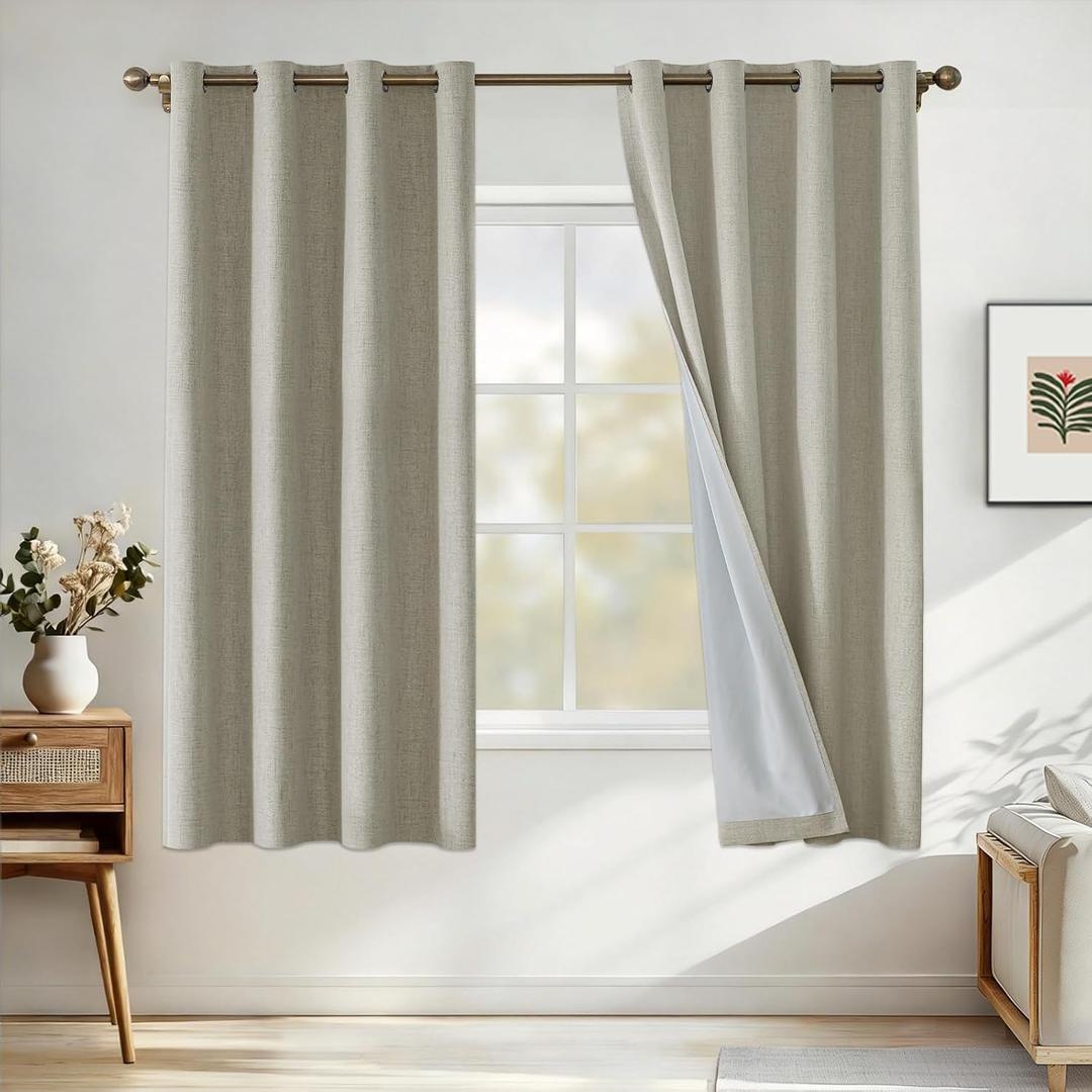 Faux Linen 100% Blackout Curtains for Bedroom, Black Out Curtains 63 Inch Long, Room Darkening Curtains Living Room, Curtain Grommets Drapes, Thermal Curtains (2 Panels, Natural)