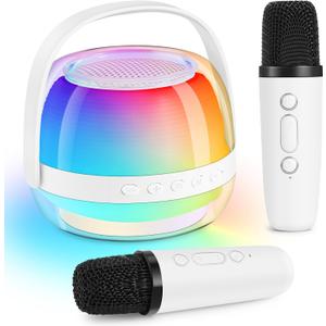Karaoke Machine for Kids, Birthday Gifts for 3 4 5 6 7 8 9 10 11 Year Old Girl Boy, Portable Bluetooth Speaker with Colorful LED Lights and 2 Wireless Mics, Toys for Ages 3-12, Home Party (White)