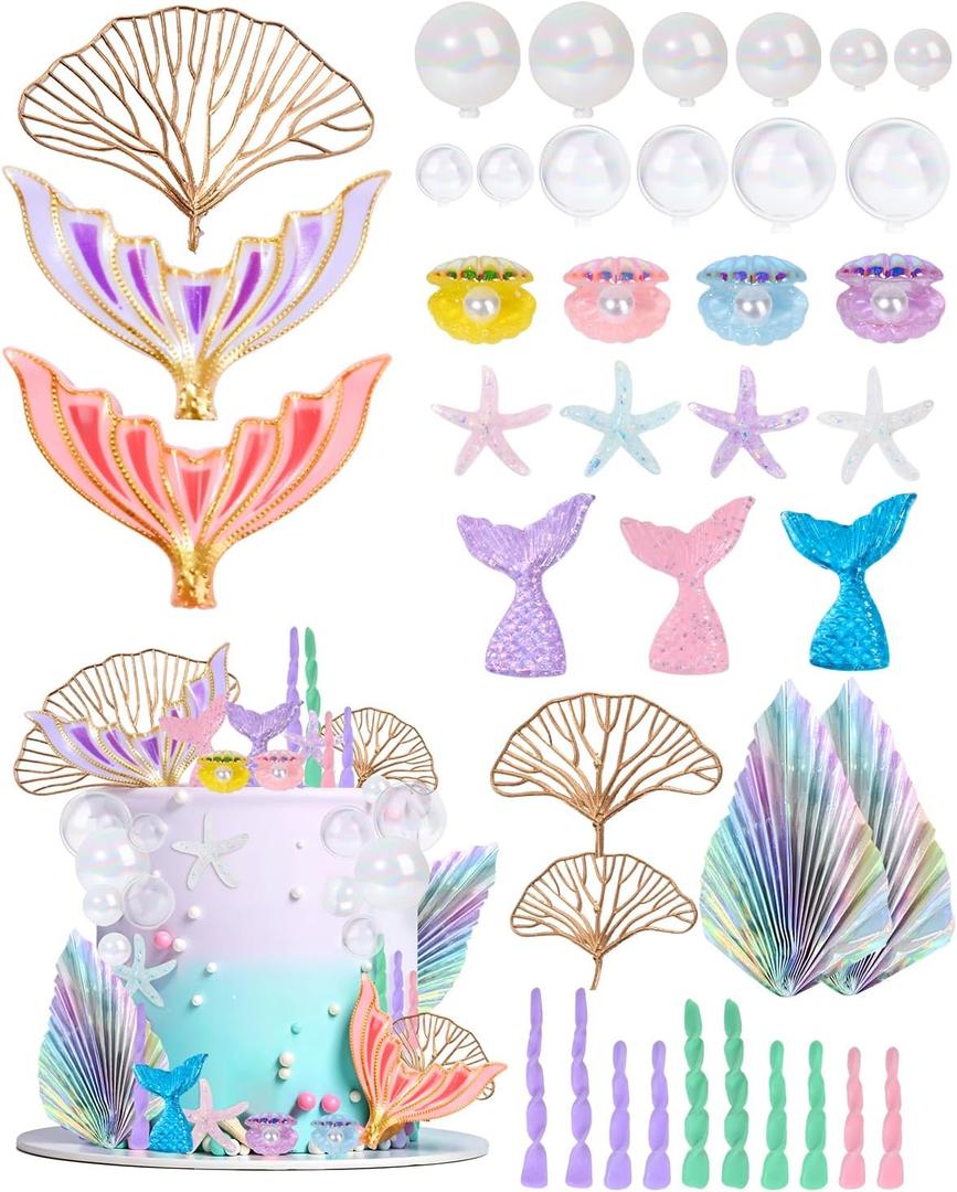 Mermaid Cake Toppers, 40-Piece Under the Sea Cake Decor Set, Seaweed, Bubbles, Tails, Starfish, Shells, Origami, Golden Ginkgo Leaves, for Birthday Mermaid Theme Party Supplies