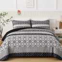WONGS BEDDING Boho Quilt Set Full Size,Black Bohemian Striped Patchwork Bedspread Set,3 Pieces Microfiber Bedding Set for All Seasons (78"x90")