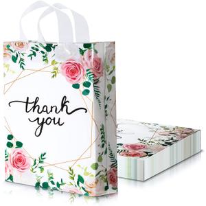 Frienda 50 Pieces Bulk Floral Thank You Bags 11.8 x 15 Inch Large Merchandise Retail Plastic Shopping Bags with Handle for Shopping Present Wrapping, 2.76 Mil Thick