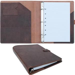 Fan&Ran Lined Leather Journal, 100 Sheets of College Ruled Paper 5.5"x8.5", 1" 3-Ring Mini Binder, Interior Pockets, Refillable
