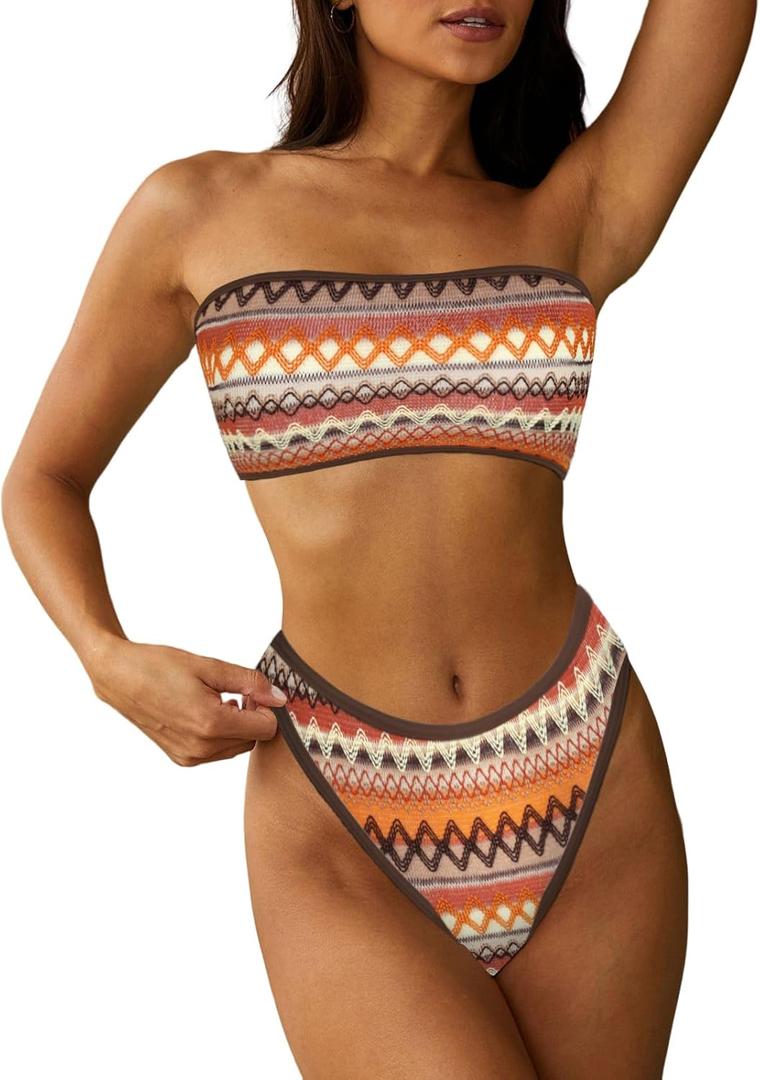 ZAFUL Women Strapless Textured Bandeau Bikini 2 Piece Swimwear Cheeky Solid Lace up Bathing Suits (Large, 0-3brown)