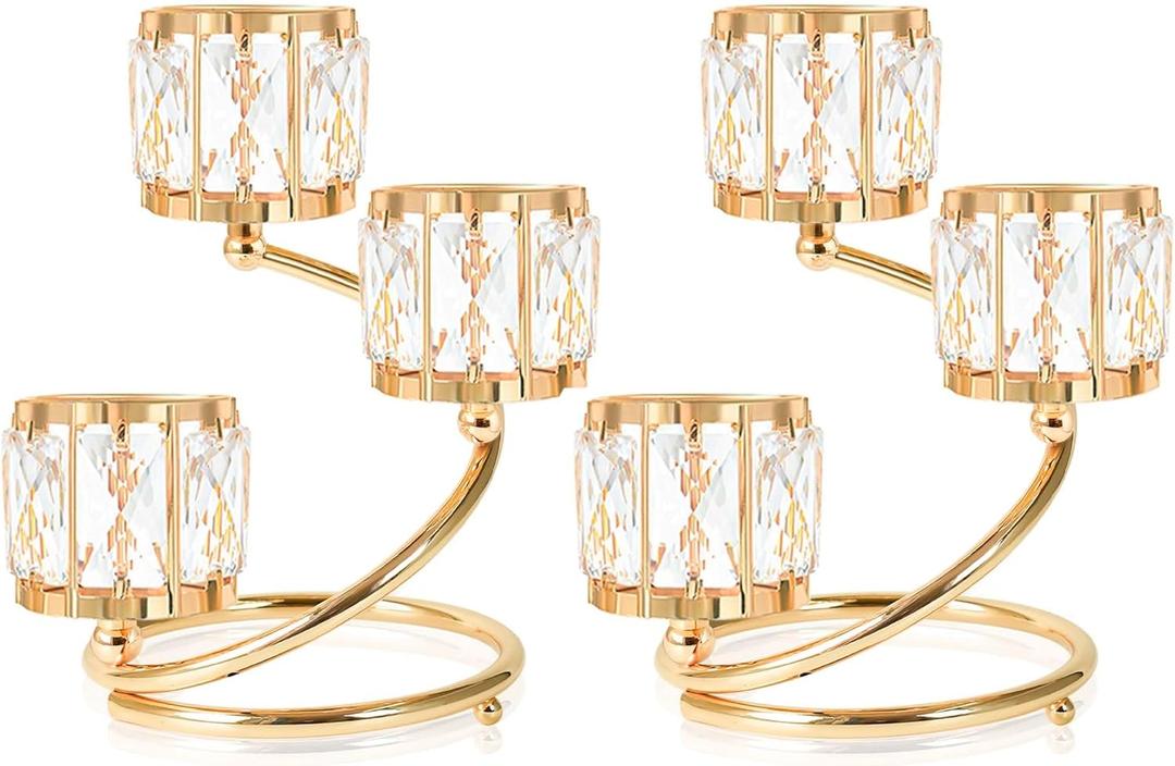 Metal 3 Arm Crystal Candle Holder - Tea Light Centerpiece Candle Holder, Votive Holder with Sparkling Crystal Bowl, Suitable for Wedding, Table Centerpiece, Home Decor (2, 3 arm-Gold)